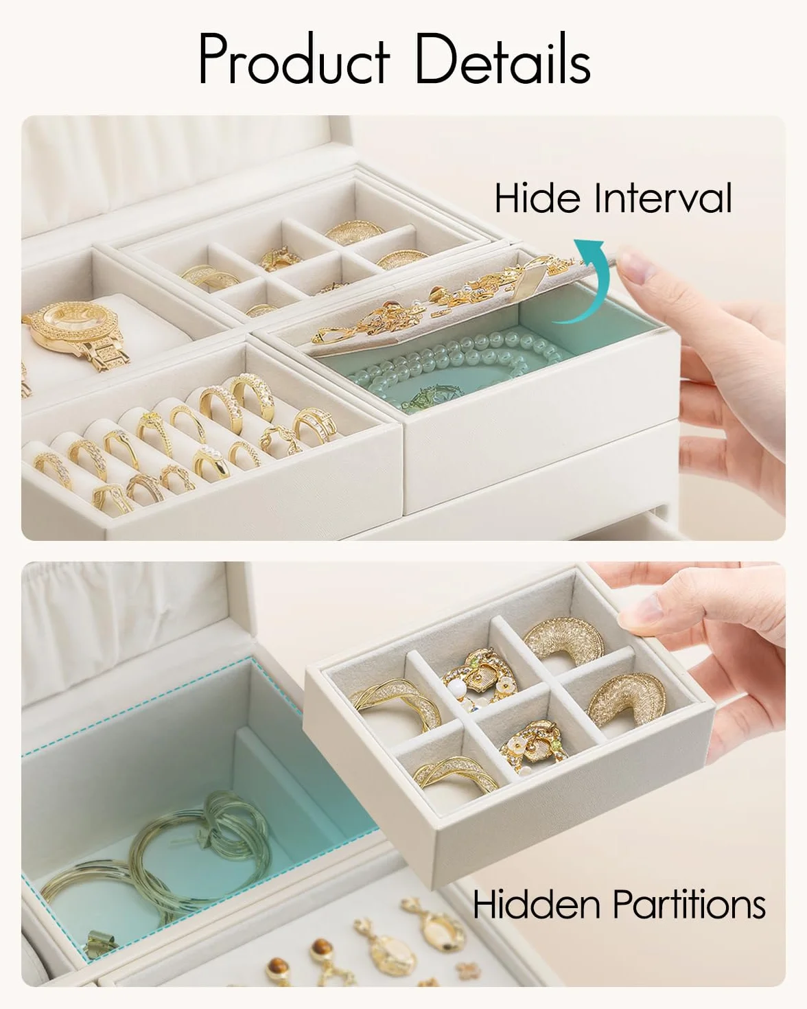 Vlando Joyero grande para mujer, almacenamiento de joyas con 2 cajones, bandeja organizador de joyas con cajón para collares, anillos, pulseras, pendientes, madres y niñas, beige