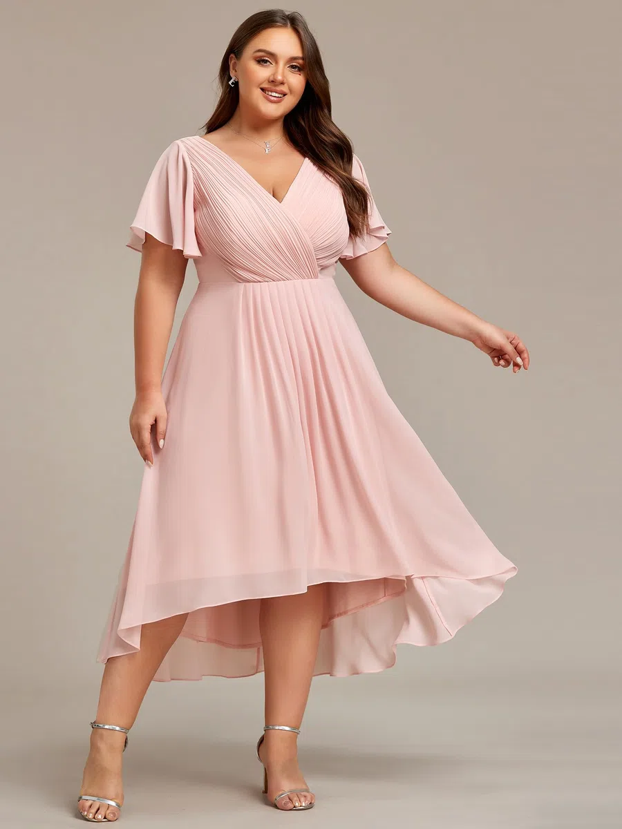 Ever-Pretty Vestido acampanado de gasa con cuello en V, manga corta, largo hasta la rodilla, talla grande, vestidos de invitada de boda para mujeres con curvas 01923-DA