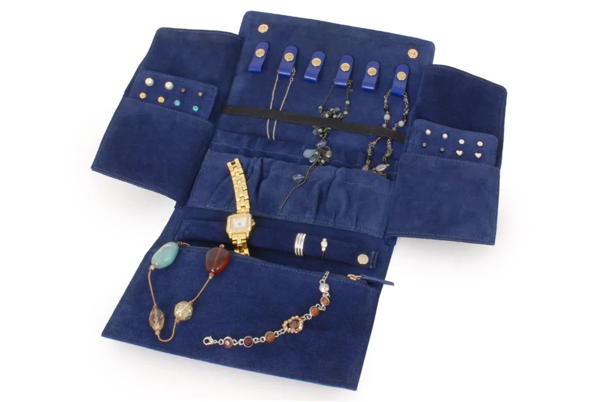 Catwalk Collection Handbags - Estuche Enrollable para Joyas - Joyero de Viaje - Piel y Serraje - Mediano/Grande - Caja de Regalo - Chanelle - Azul