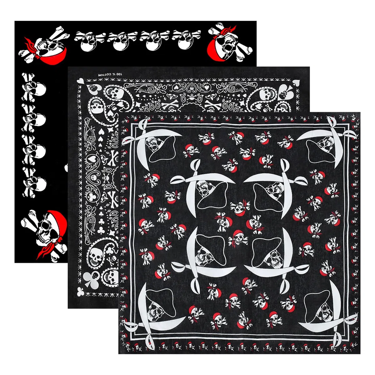 Pañuelos negros de calavera Halloween, diadema pirata algodón doble cara, envoltura cabeza unisex