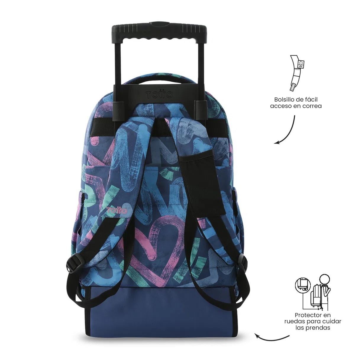 TOTTO Mochila Escolar con Ruedas Renglones 26,21 Litros Bolsillo PC 14" Estampado Roomin Azul