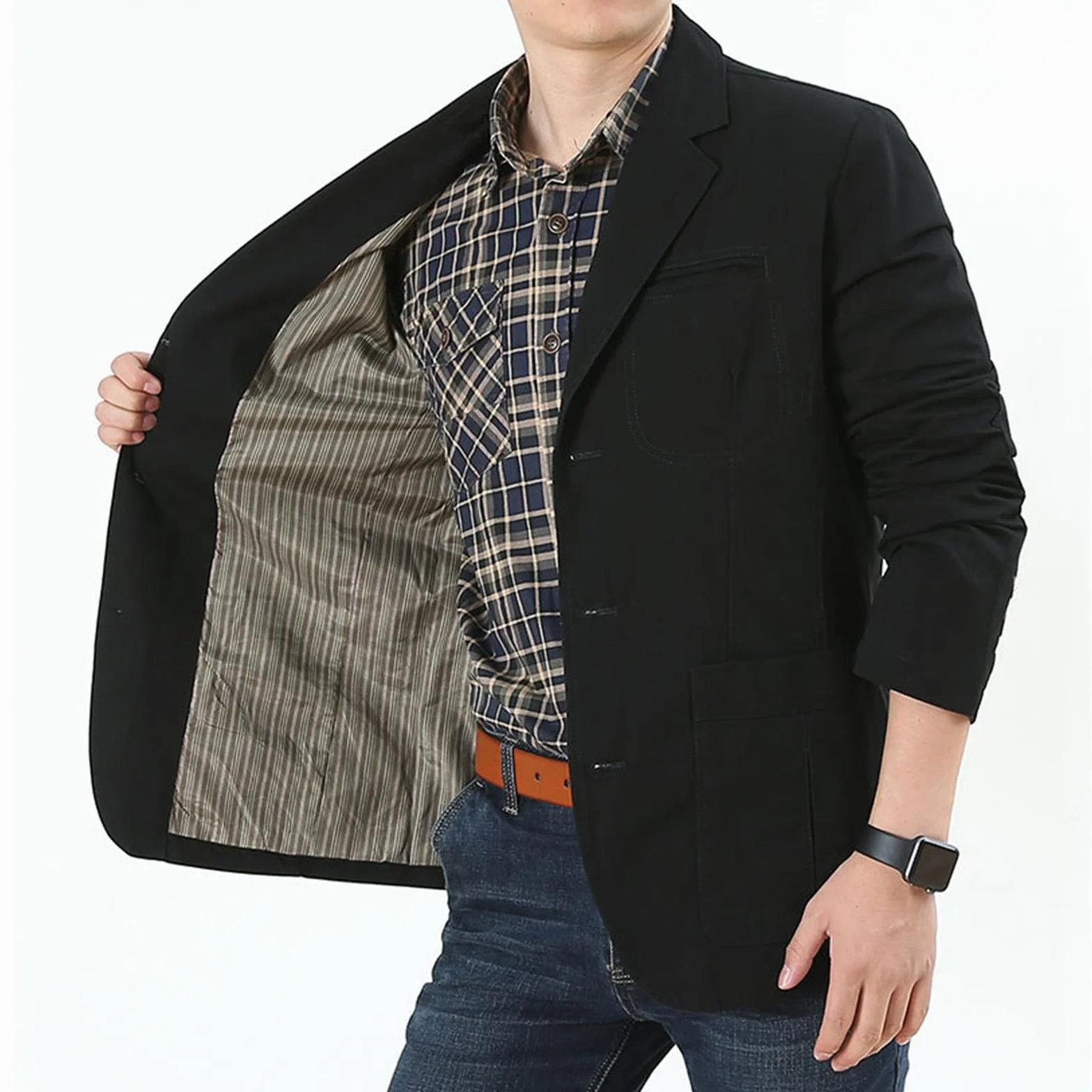 Generisch Americana de traje para hombre con cuello de solapa con tres botones, corte ajustado, manga larga, estilo deportivo