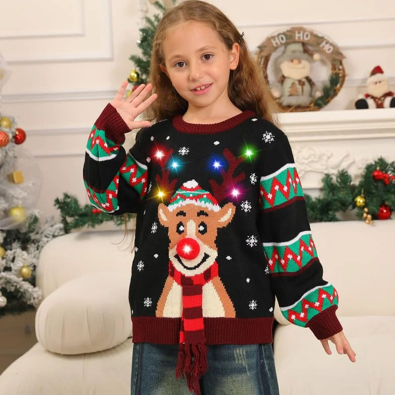 Kouric Jersey Navideño Niño con Luces,Jersey Navidad Niño/Niña con Estampado de Reno en la Nieve,Ugly Christmas Sweater,Jerseys Navideños con Luces,Suéter Navideño Gracioso,Christmas Jumper