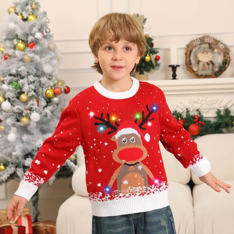Kouric Jersey Navideño Niño con Luces,Jersey Navidad Niño/Niña con Estampado de Reno en la Nieve,Ugly Christmas Sweater,Jerseys Navideños con Luces,Suéter Navideño Gracioso,Christmas Jumper