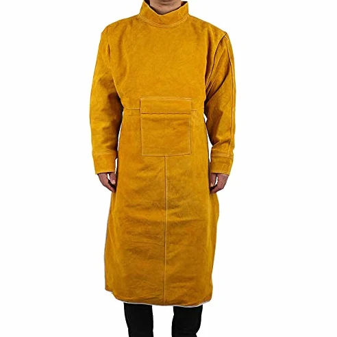 Delantal de ropa de trabajo de cuero de vaca Soldadura Ropa protectora Resistente al calor y al fuego Soldadores Ropa de soldadura Delantal con mangas (120 cm)