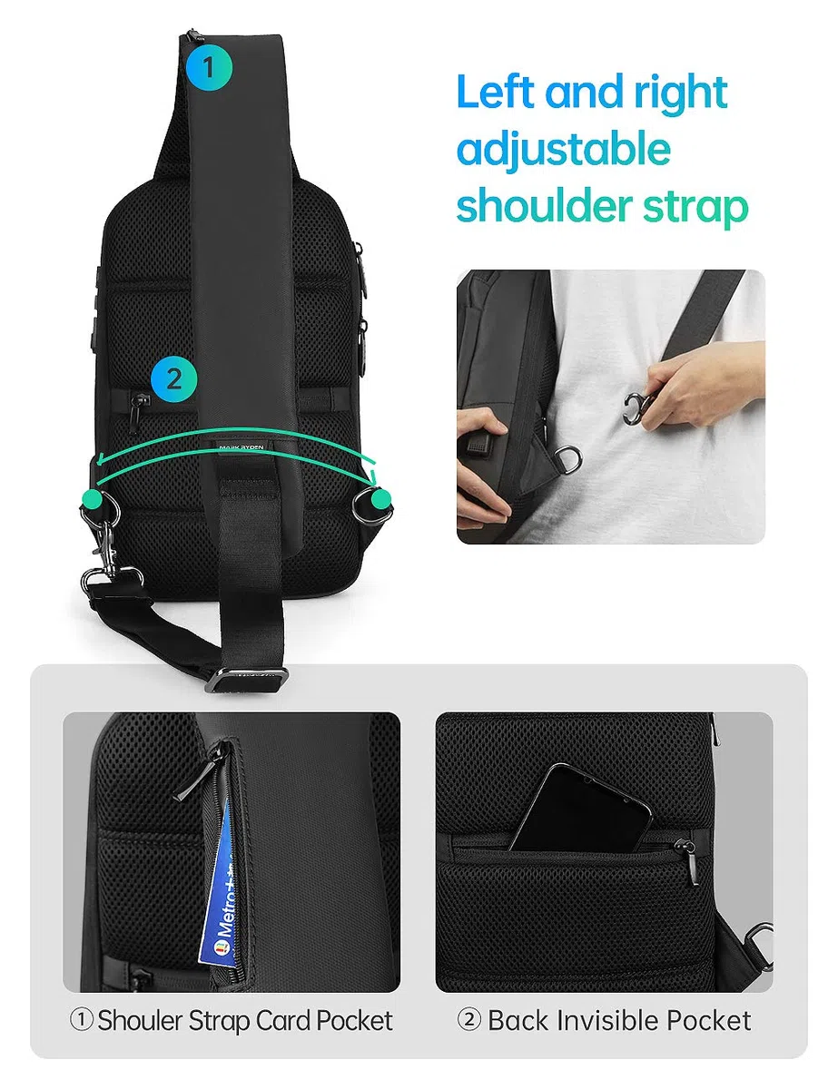 Mark Ryden Bolso Bandolera Antirrobo para Hombre, Bolsos Cruzados con Puerto de Carga USB,Bolso de Pecho Impermeable para Viajes, Trabajo, Escolar, Negocios-negro
