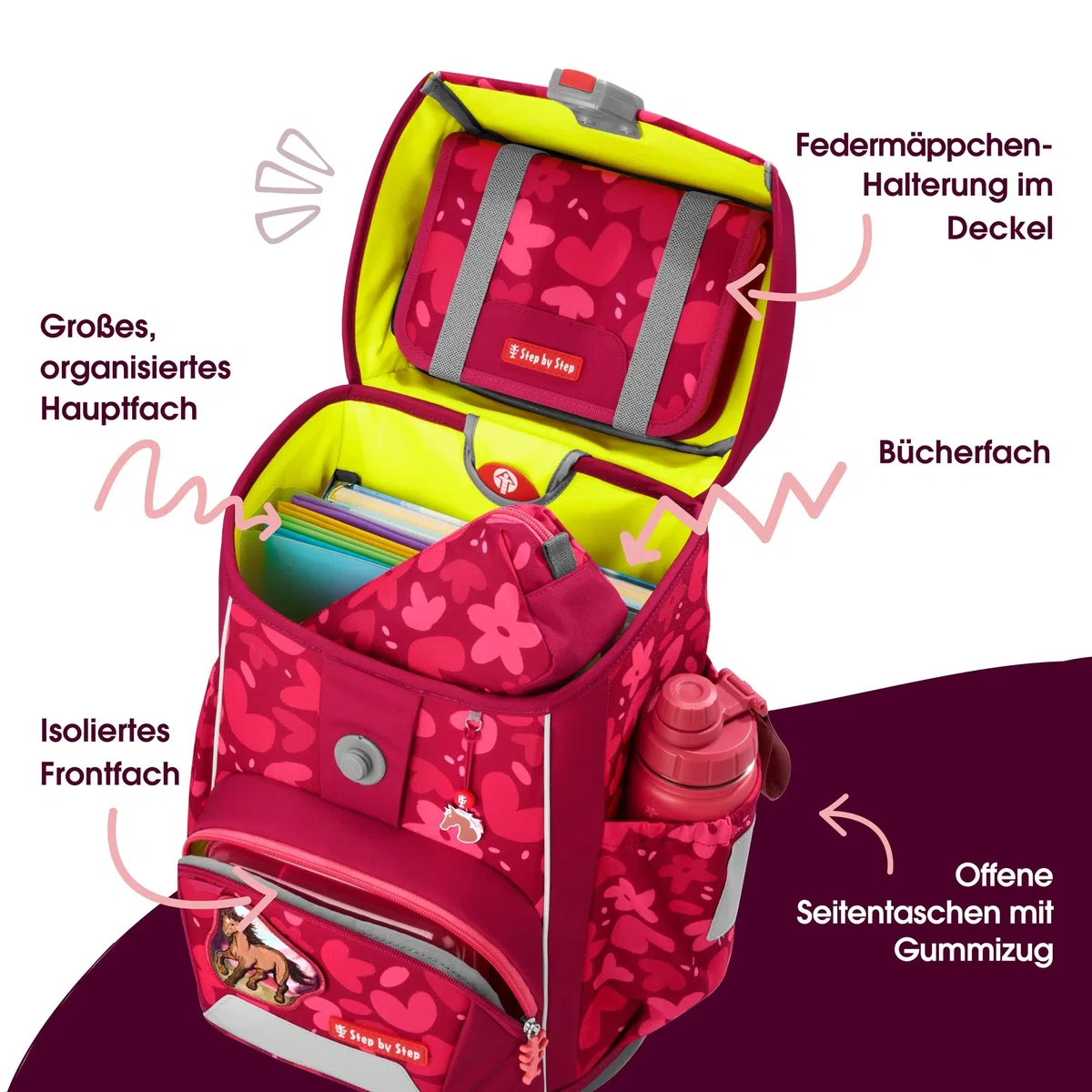 Step by Step Giant - Juego de mochila escolar (5 piezas, color verde, ergonómico, con reflectores, altura regulable con cinturón de cadera y pecho, 23 L), color verde