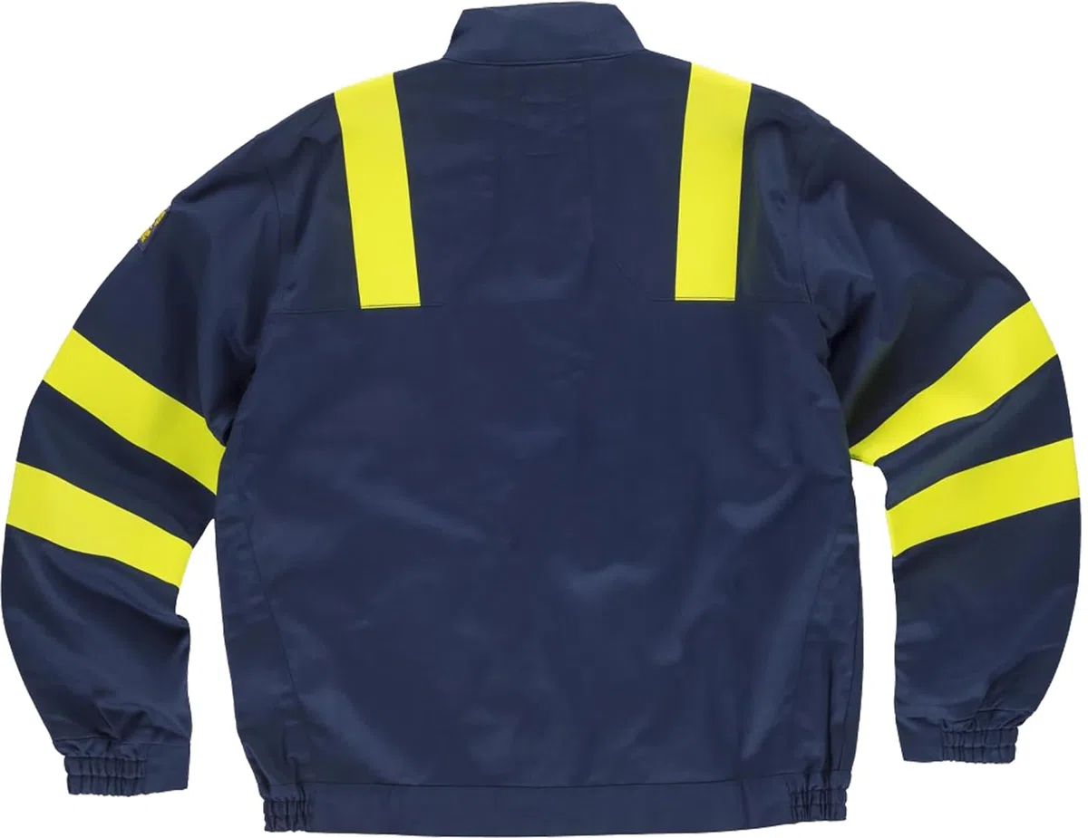 WORKTEAM B1196 Cazadora Ignífuga, Antiestática con protección para Soldadura y Arco Eléctrico, Visibilidad Realzada, Cintas Fluorescentes Amarillas y Triple Costura. Unisex