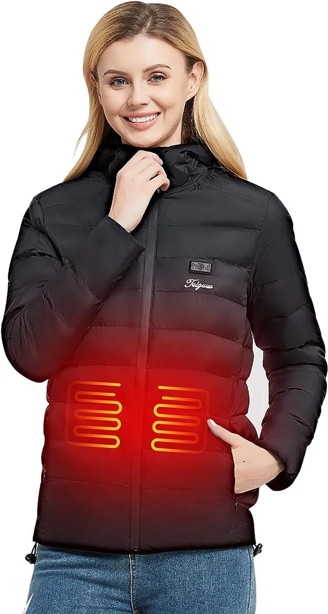 Chaqueta calefactable con banco de energía 14400 mAh térmica para mujer con capucha invierno