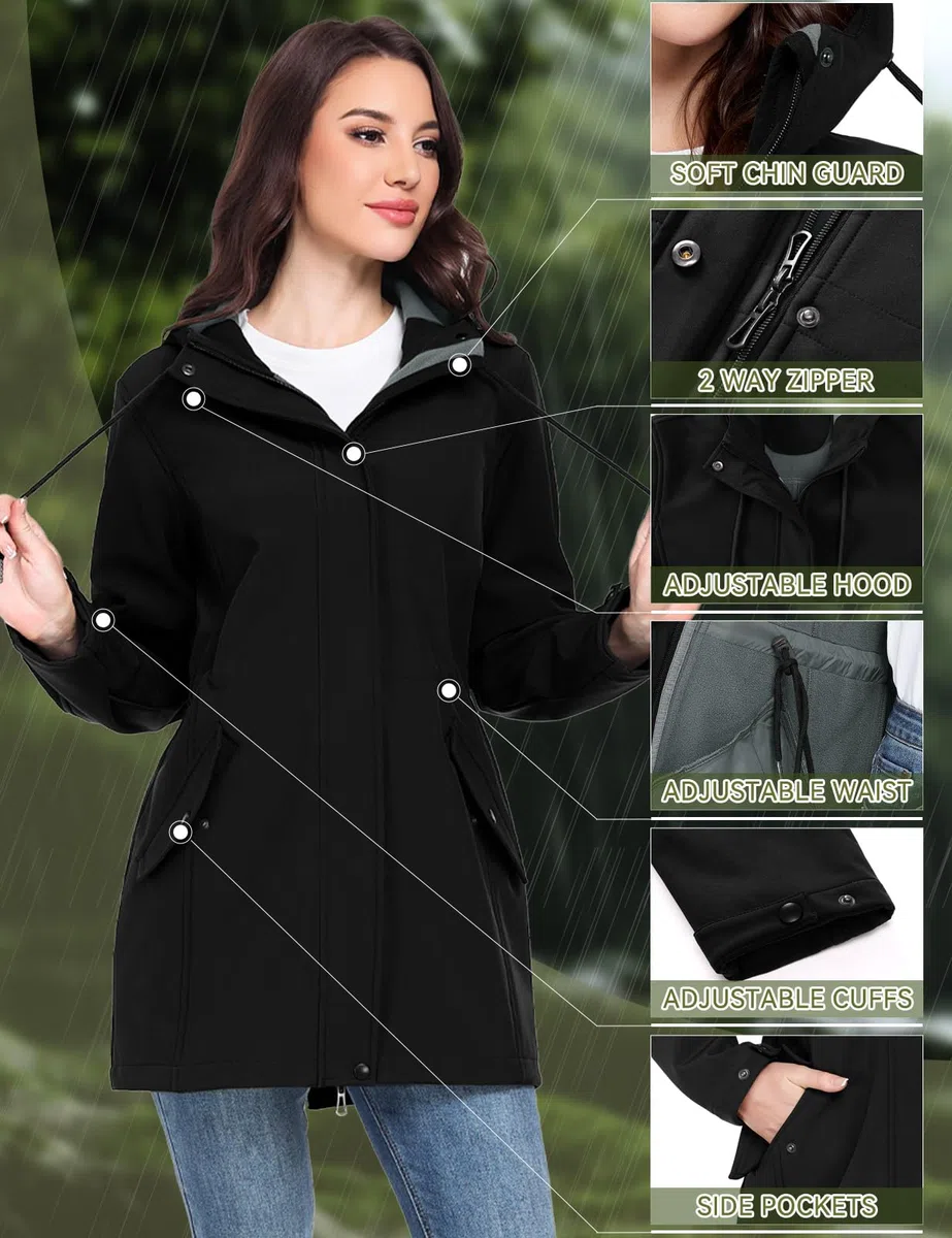 Yuson Girl Chaqueta Softshell Mujer Impermeable Chaqueta de Entretiempo Cortavientos con Capucha Ligera Transpirable Abrigo Forro Polar Funcional Parka de Senderismo