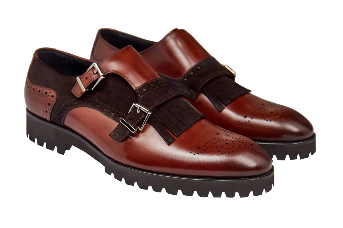 Zapatos de Hombre de Piel auténtica y Ante Hechos a Mano con Flecos y Doble Hebilla Brogue con Suela Dentada