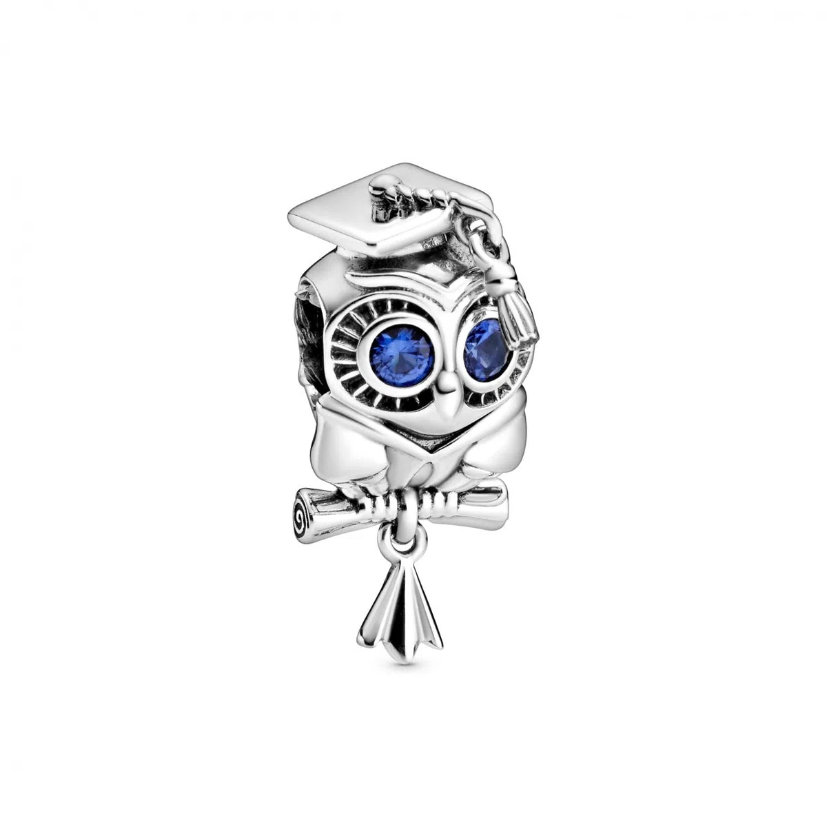 Pandora Icons Dije con diseño de búho de graduación de plata de ley con cristal azul estelar