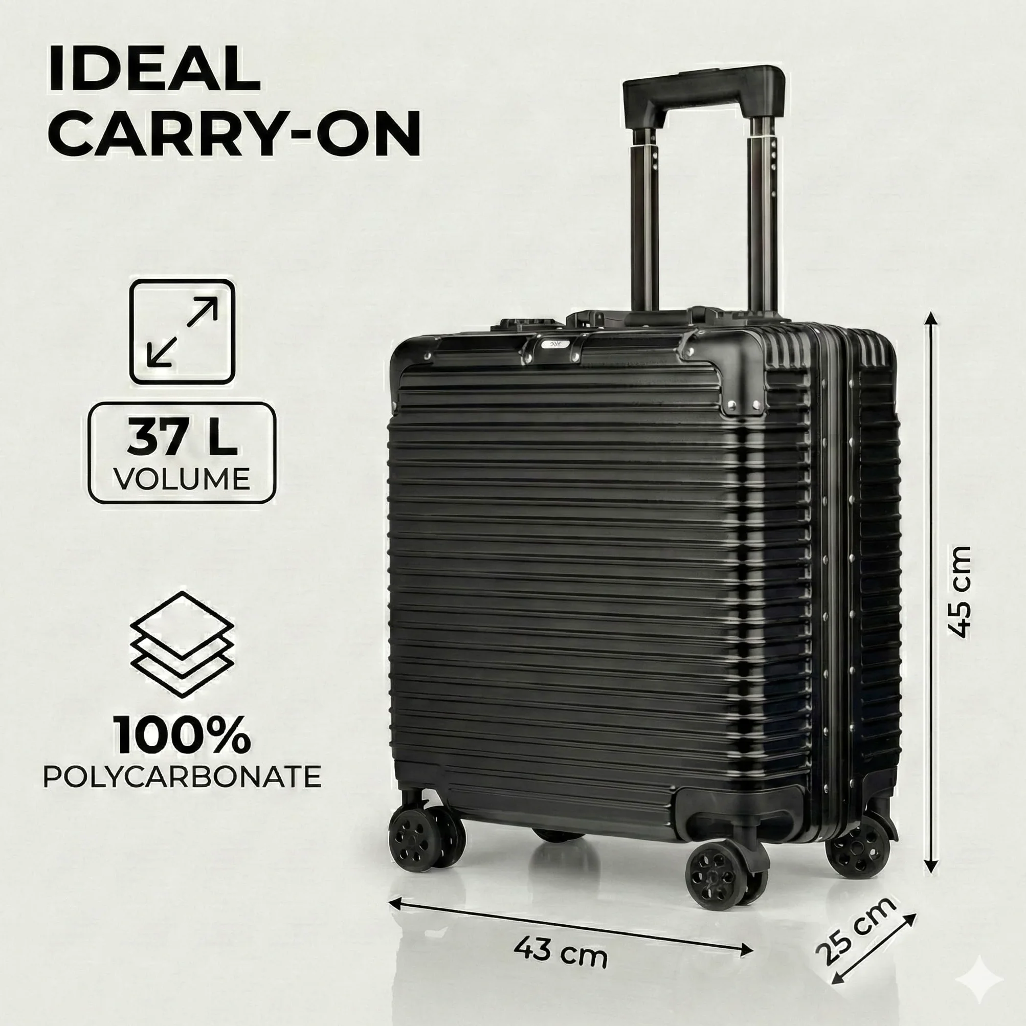 POSH Maleta rígida de pilotos para equipaje de mano, marco de aluminio y cierre a presión, 37 L, 45 x 43 x 25 cm, 100% policarbonato, candado TSA, con 4 ruedas