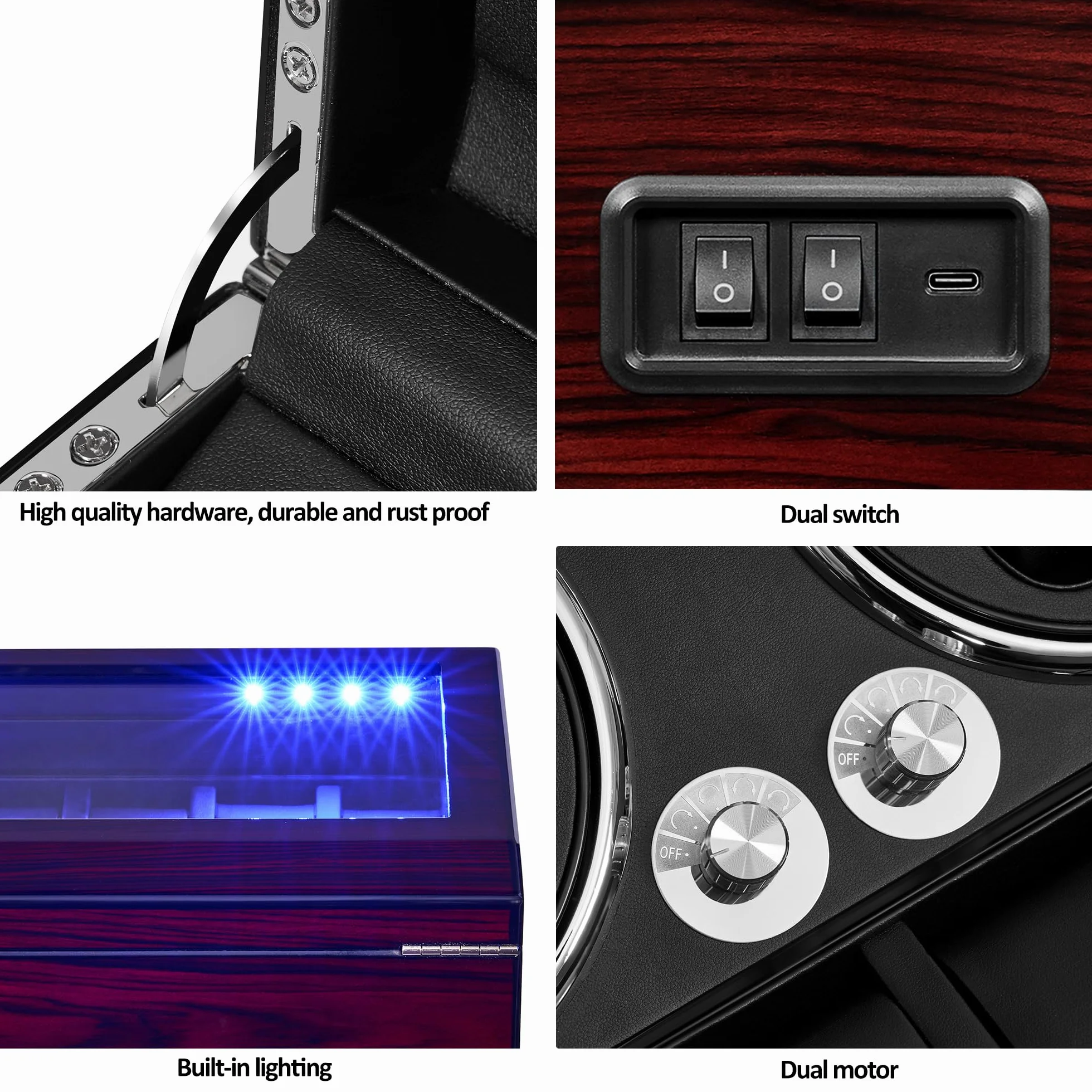 ANWBROAD Caja giratoria para relojes automáticos, 4 relojes+6 ranuras de memoria adicionales, 4 modos de giro con Mabuchi supersilencioso, lujoso, automático, cargador USB, JWW002R