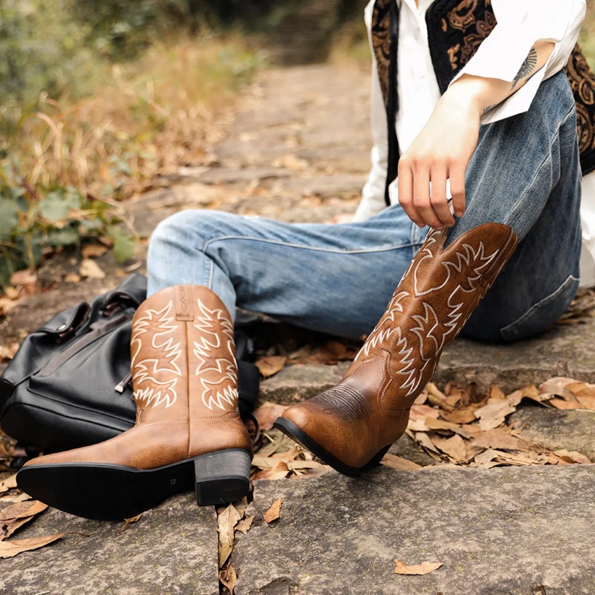 ANUFER Hombres Elegante Bordado Botas Vaqueras Occidental Tacón Punta Antideslizante Pantorrilla Botas SN071164
