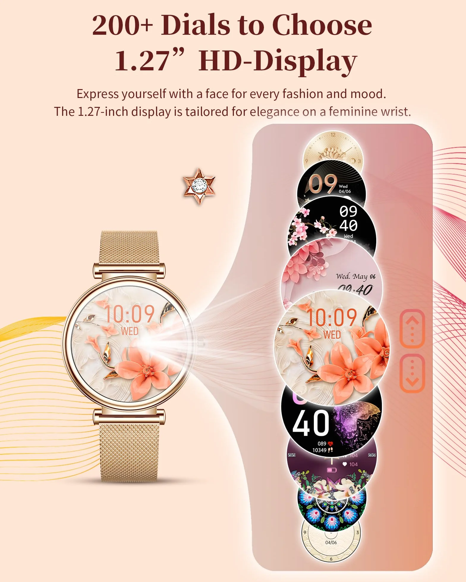 Reloj Inteligente para Mujer, Pantalla Táctil HD de 1,3 Pulgadas IP68 Resistente al Agua, Deportivo Smartwatch con Monitor de Ritmo Cardíaco, Podómetro, Oxímetro para Android iOS, Regalo