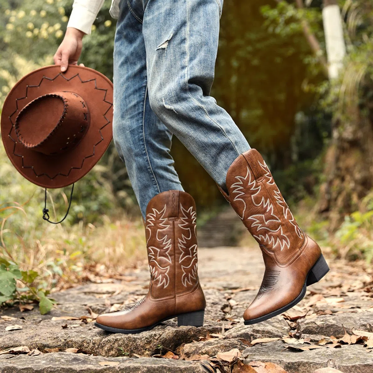 ANUFER Hombres Elegante Bordado Botas Vaqueras Occidental Tacón Punta Antideslizante Pantorrilla Botas SN071164