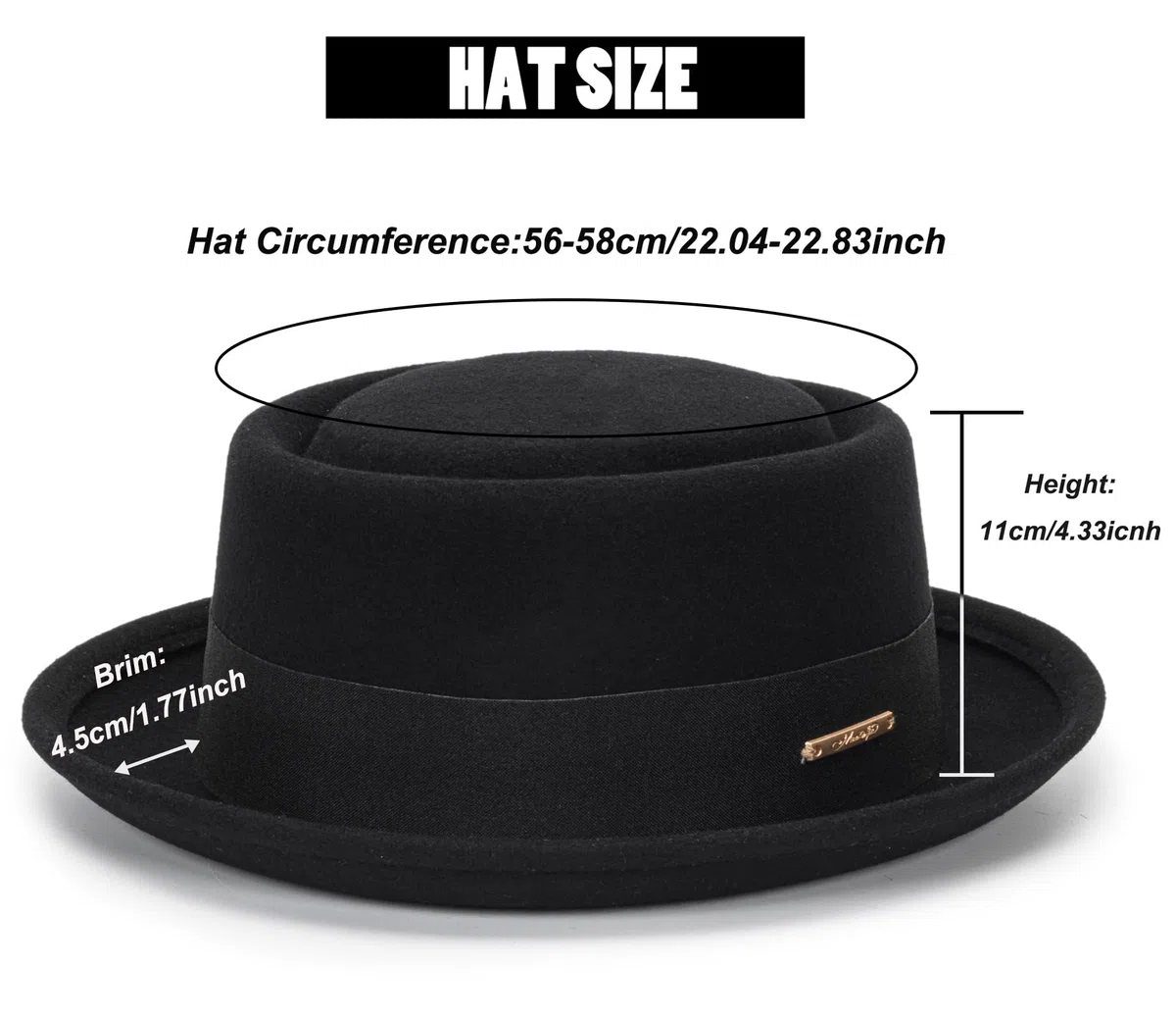 Sombrero de Porkpie Plano para Hombre, Sombrero de Lana Negra con Banda (S-M), Negro con Banda, M