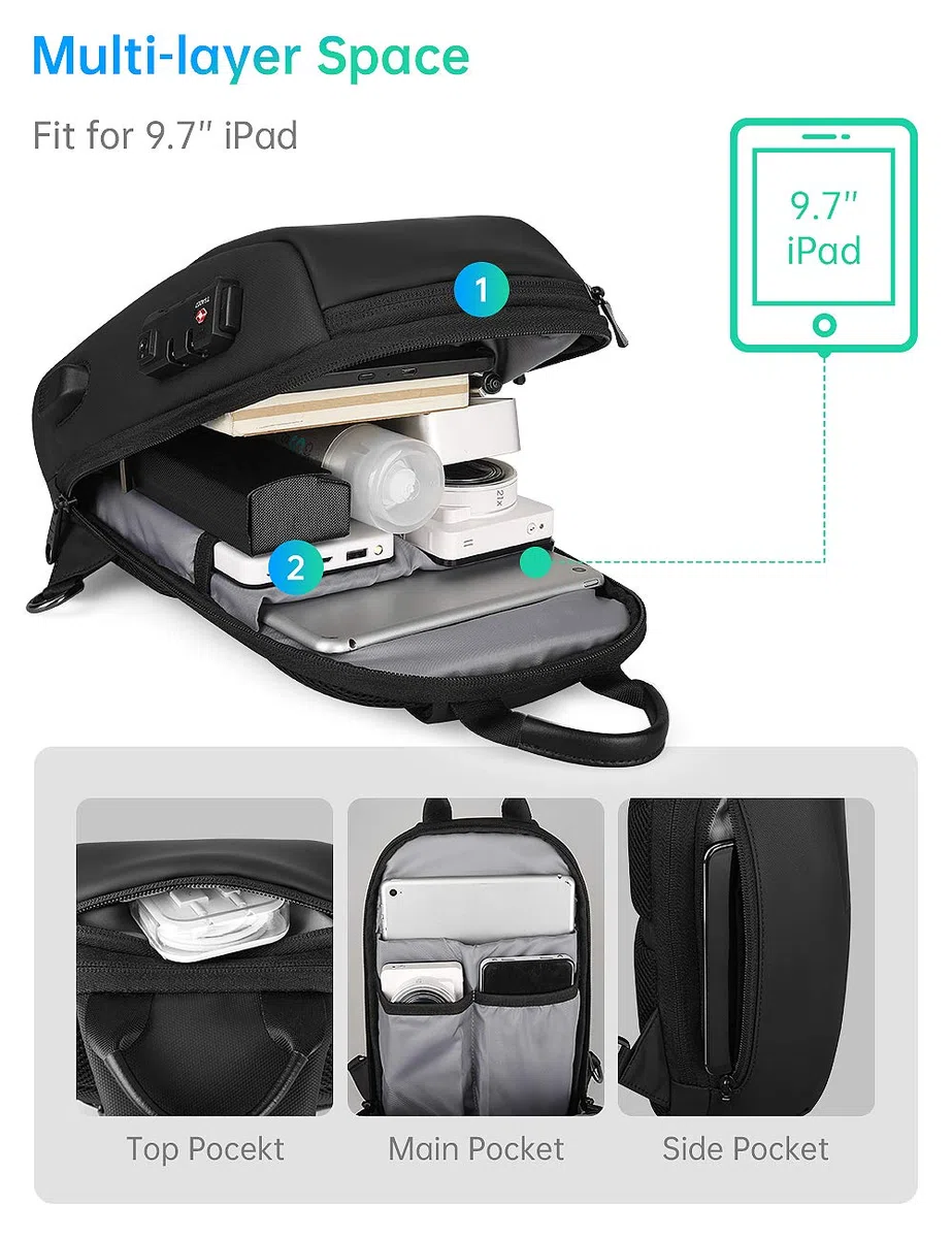 Mark Ryden Bolso Bandolera Antirrobo para Hombre, Bolsos Cruzados con Puerto de Carga USB,Bolso de Pecho Impermeable para Viajes, Trabajo, Escolar, Negocios-negro
