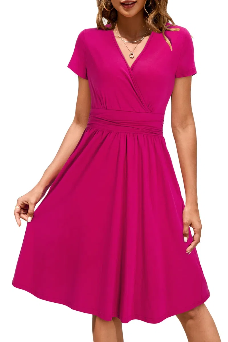 STYLEWORD Vestido Verano Mujer Vestidos Florales de Manga Corta hasta la Rodilla con Bolsillos