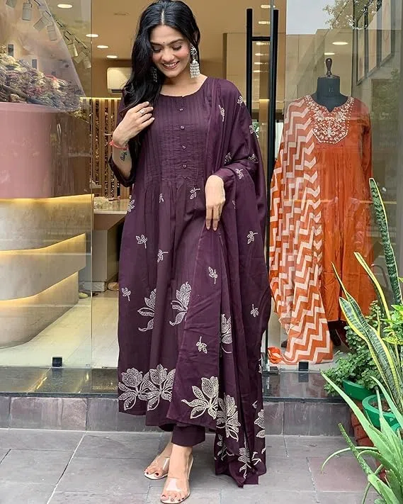 Kurta estampada Anarkali de viscosa de rayón para mujer con pantalón y dupatta