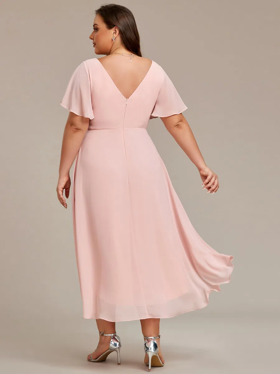 Ever-Pretty Vestido acampanado de gasa con cuello en V, manga corta, largo hasta la rodilla, talla grande, vestidos de invitada de boda para mujeres con curvas 01923-DA