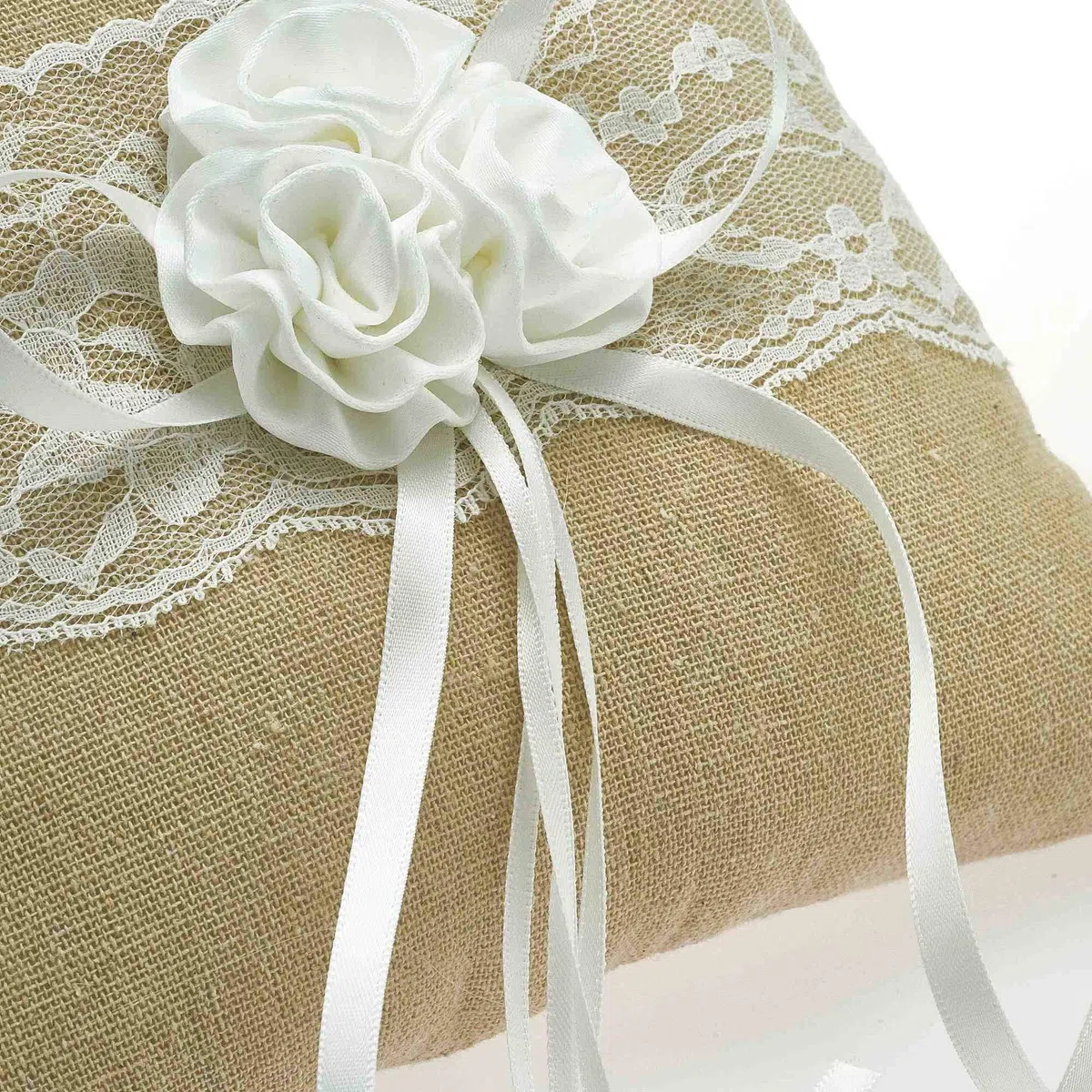 EinsSein 1x Almohada de Anillos Boda Set Flor de Yute 18x18 Grande + 2X Cesta de Flores Porta Bodas alianzas cojin Anillo Cojines Arras Caja Cajas Originales y Cesta niño Raso Rustico Llevar los