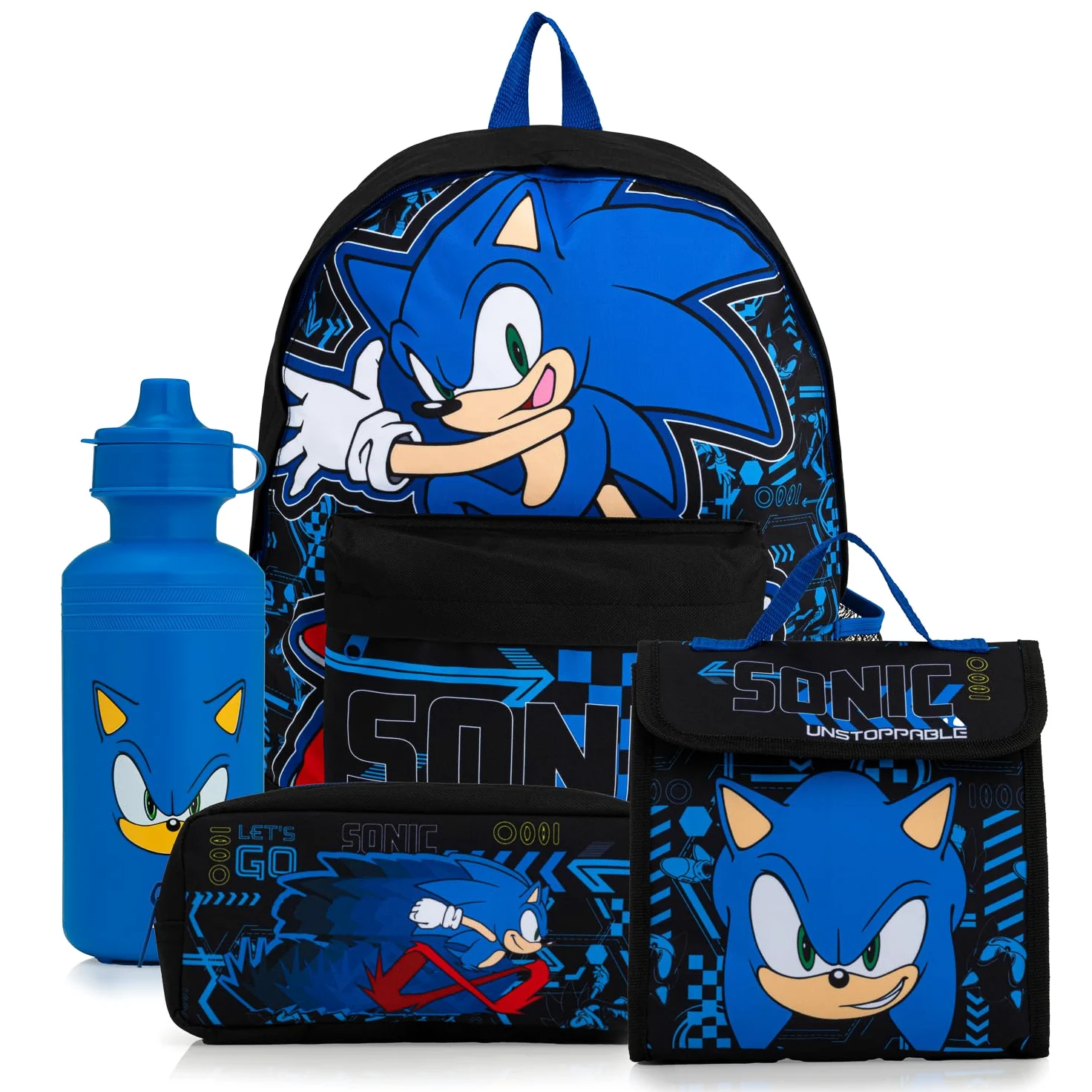 Mochila escolar Sonic The Hedgehog con bolsa de almuerzo, estuche y botella de agua, para niños con correas acolchadas ajustables