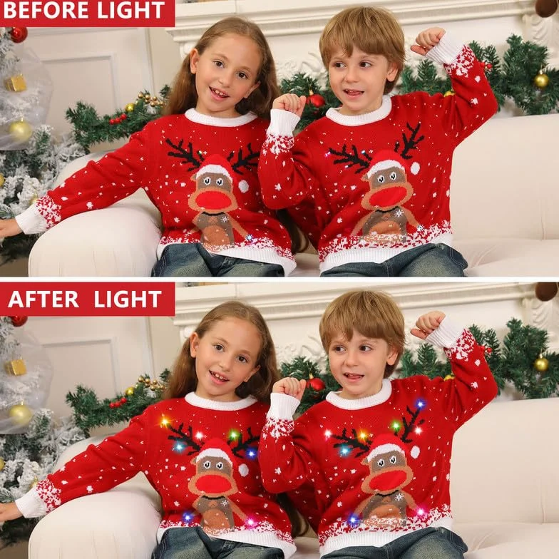 Kouric Jersey Navideño Niño con Luces,Jersey Navidad Niño/Niña con Estampado de Reno en la Nieve,Ugly Christmas Sweater,Jerseys Navideños con Luces,Suéter Navideño Gracioso,Christmas Jumper