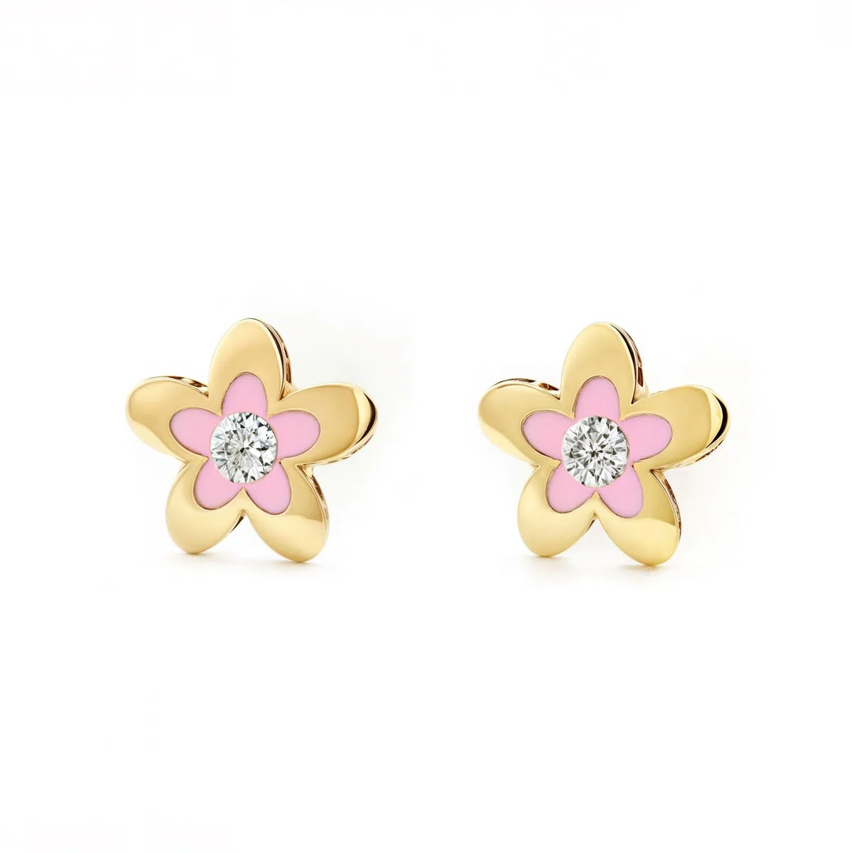Pendientes Oro Niña flor esmalte rosa y circon (9kts) - Estuche Regalo - Certificado de Garantía - Mondepetit