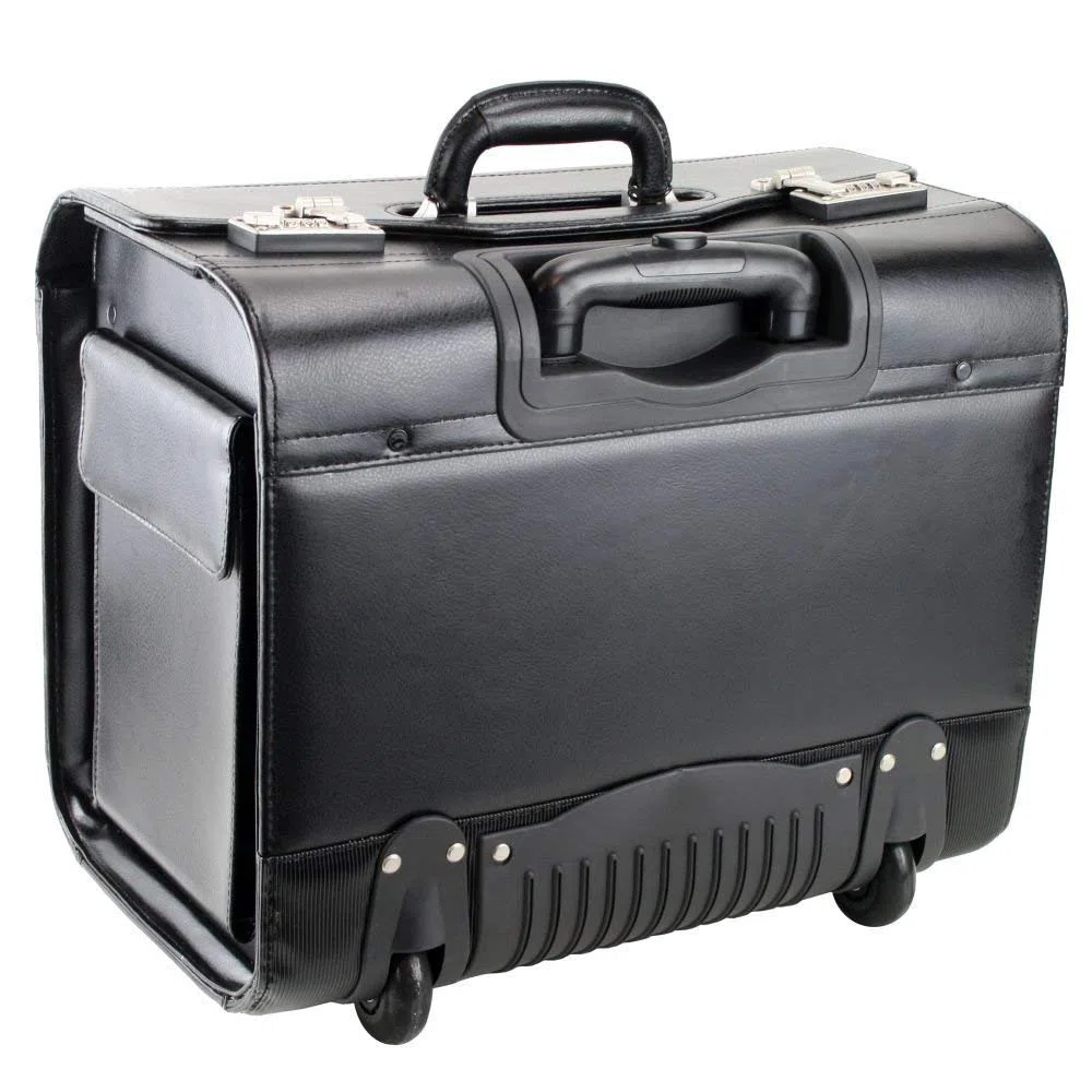 Estuche de piloto de cuero genuino con ruedas XXL de cuero genuino de lujo con compartimiento principal extra grande, bolsillo frontal y dos bolsillos laterales