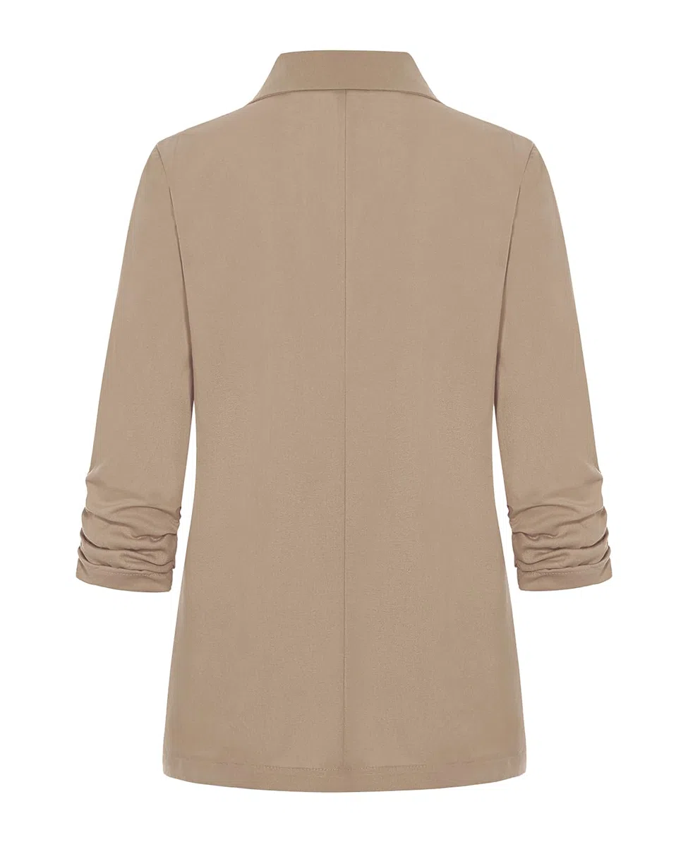 Blazer de lino y algodón con manga 3/4 fruncida para mujer, ligera, para verano, elegante, con botones y bolsillos