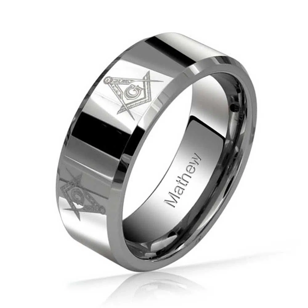 Bling Jewelry Anillo de Boda Masónico de Compás y Escuadra para Hombres de Titanio, Tono Plateado Pulido, Ajuste Cómodo, 8MM