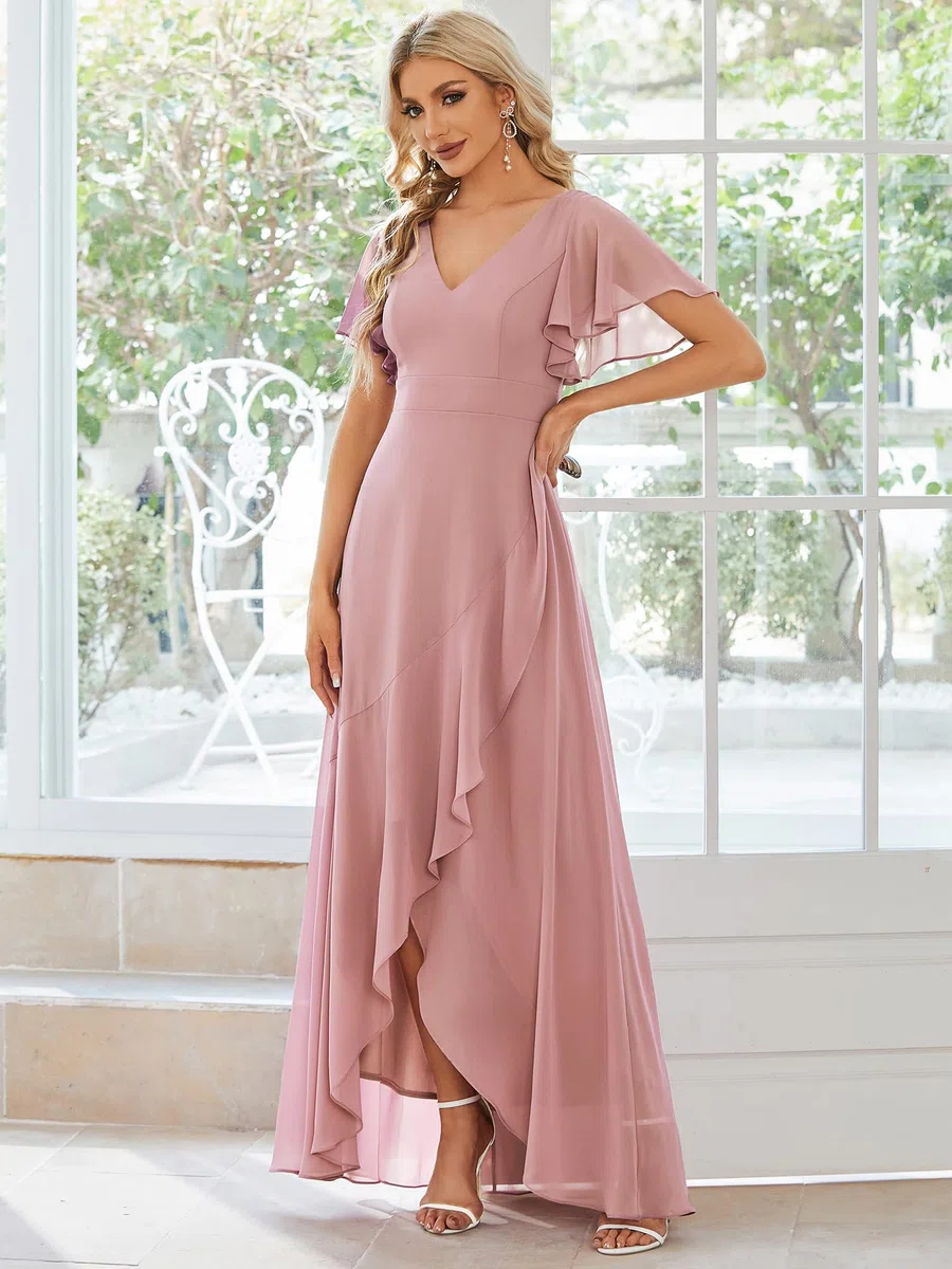 Ever-Pretty Vestido de Fiesta Escote en V Manga Volantes A-línea sin Respaldo Alto Bajo Largo sin Elasticidad para Mujer Elegantes 01749
