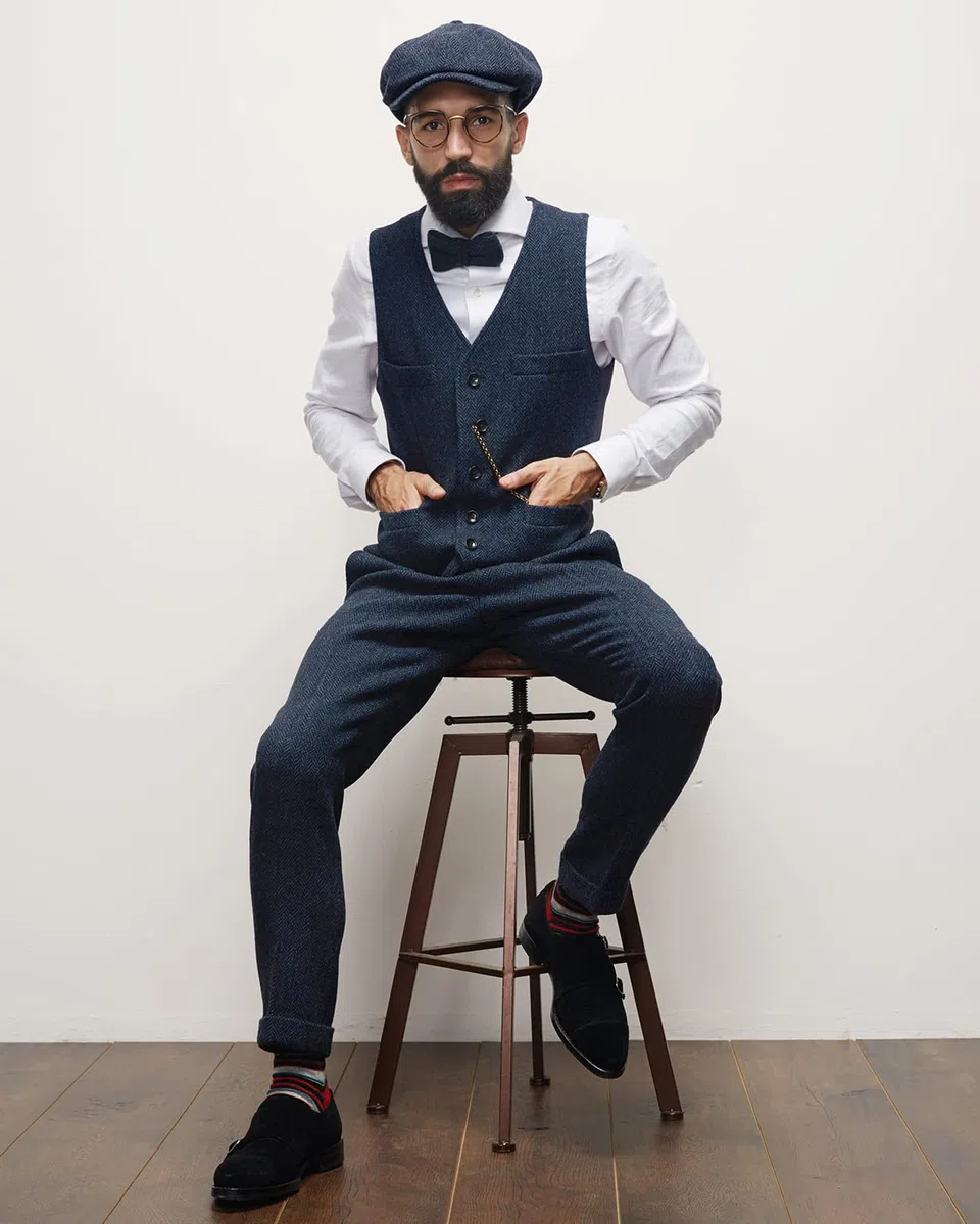 Pantalones de traje de vestir retro para hombre, pantalones de lana de tweed con frente plano en espiga