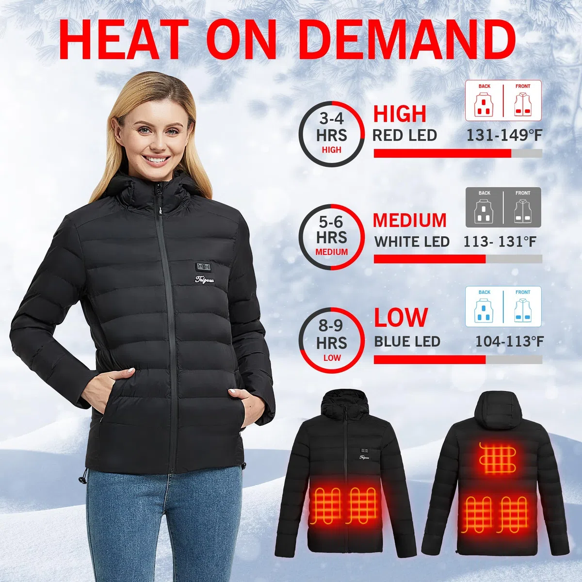 Chaqueta calefactable con banco de energía 14400 mAh térmica para mujer con capucha invierno
