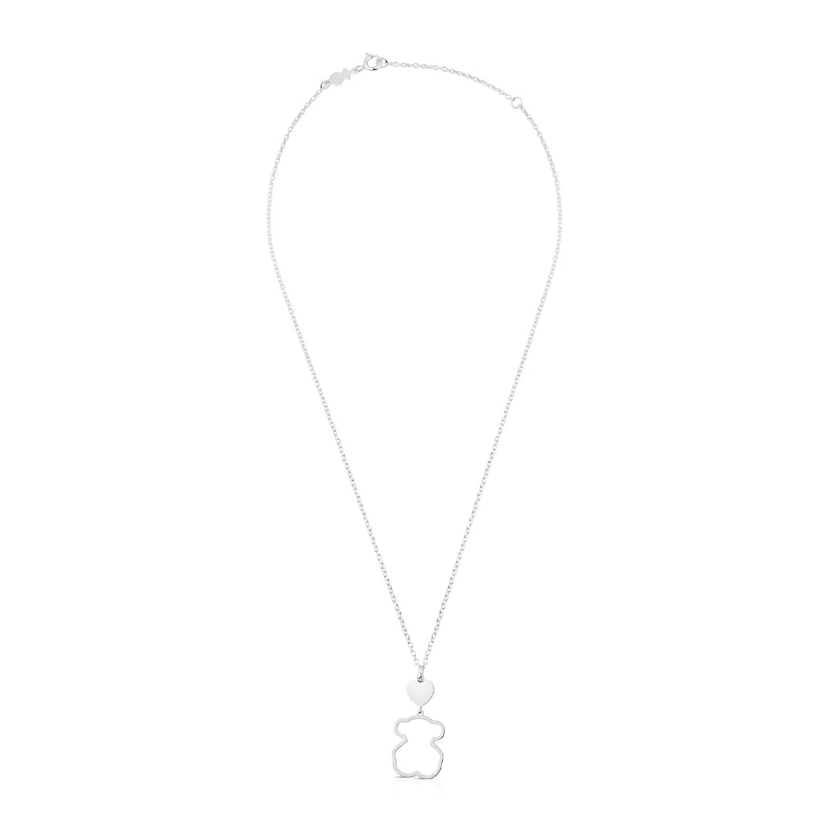 TOUS Collar de Plata de Primera Ley para Mujer con Colgante de Oso de 19 mm y Corazón de 8.6mm, 45 cm de Largo, Elegante y Versátil, Colección Silueta
