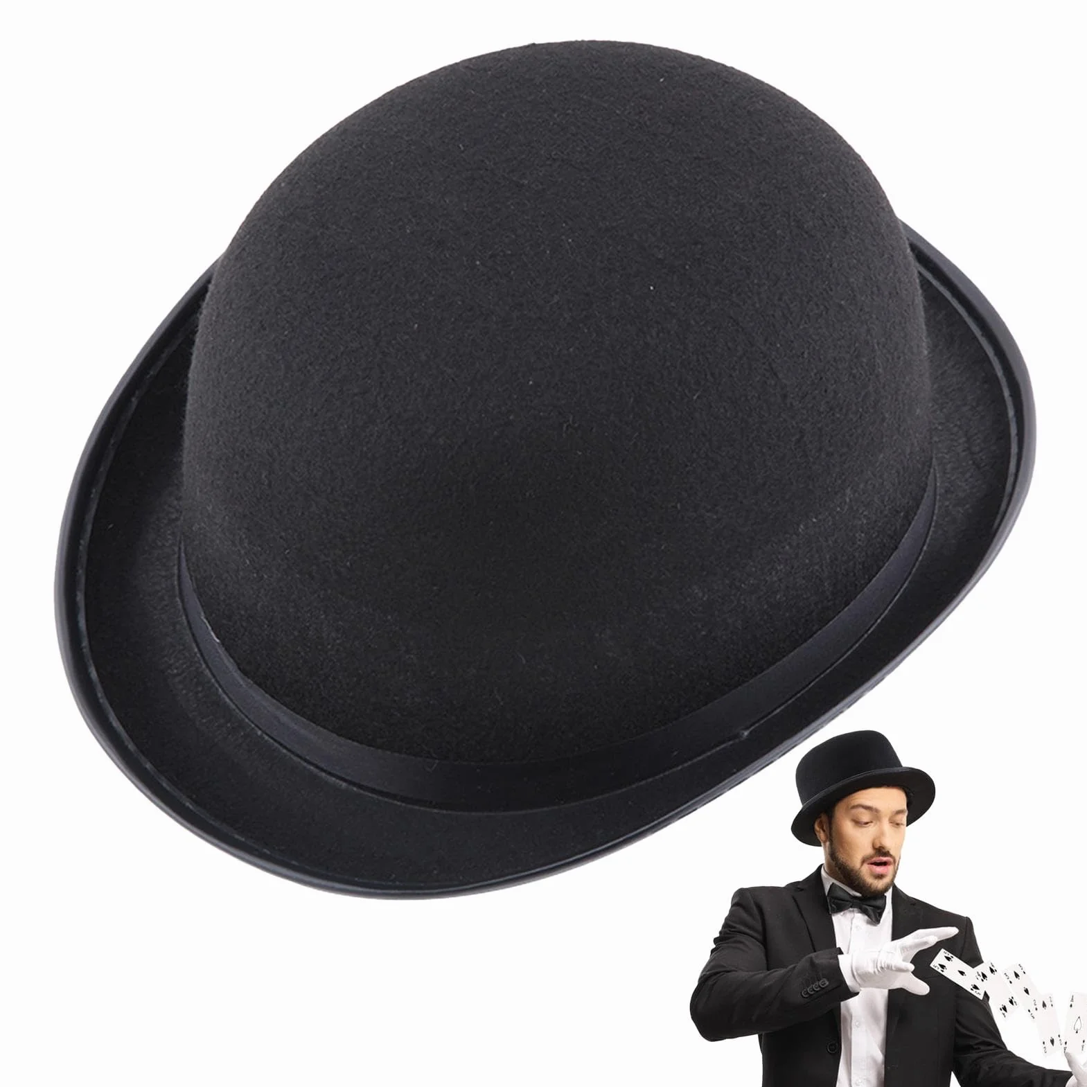 Genérico Sombrero de bombín negro - Sombrero Derby de bombín negro clásico, Accesorio de disfraz de Halloween de fieltro para adultos y adolescentes