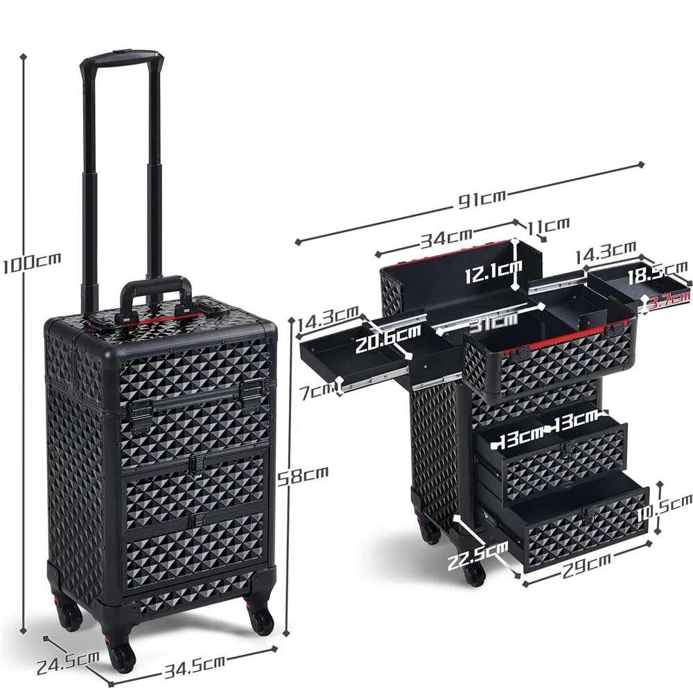 Yaheetech Maletín de Maquillaje Profesional con Cajones Maletín de Cosméticos con Ruedas Giratorio de Viaje para Esteticista 34.5 × 24.5 × 58 cm Negro