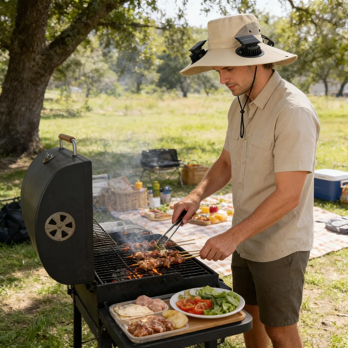 Sombrero con Ventilador Incorporado y Panel Solar,Gorra de ala Ancha con 4 Ventiladores de Energía Solar,Sombrero de Playa Exterior | para Pesca, Jardinería, Senderismo, Trabajo de Verano