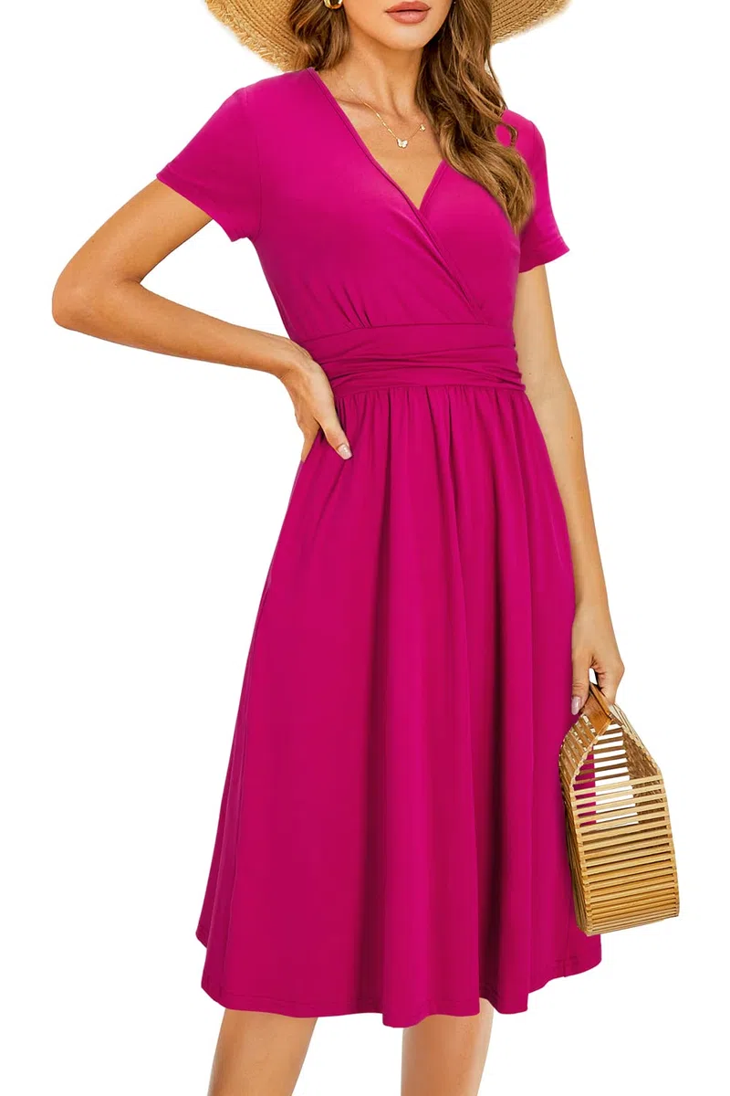 STYLEWORD Vestido Verano Mujer Vestidos Florales de Manga Corta hasta la Rodilla con Bolsillos