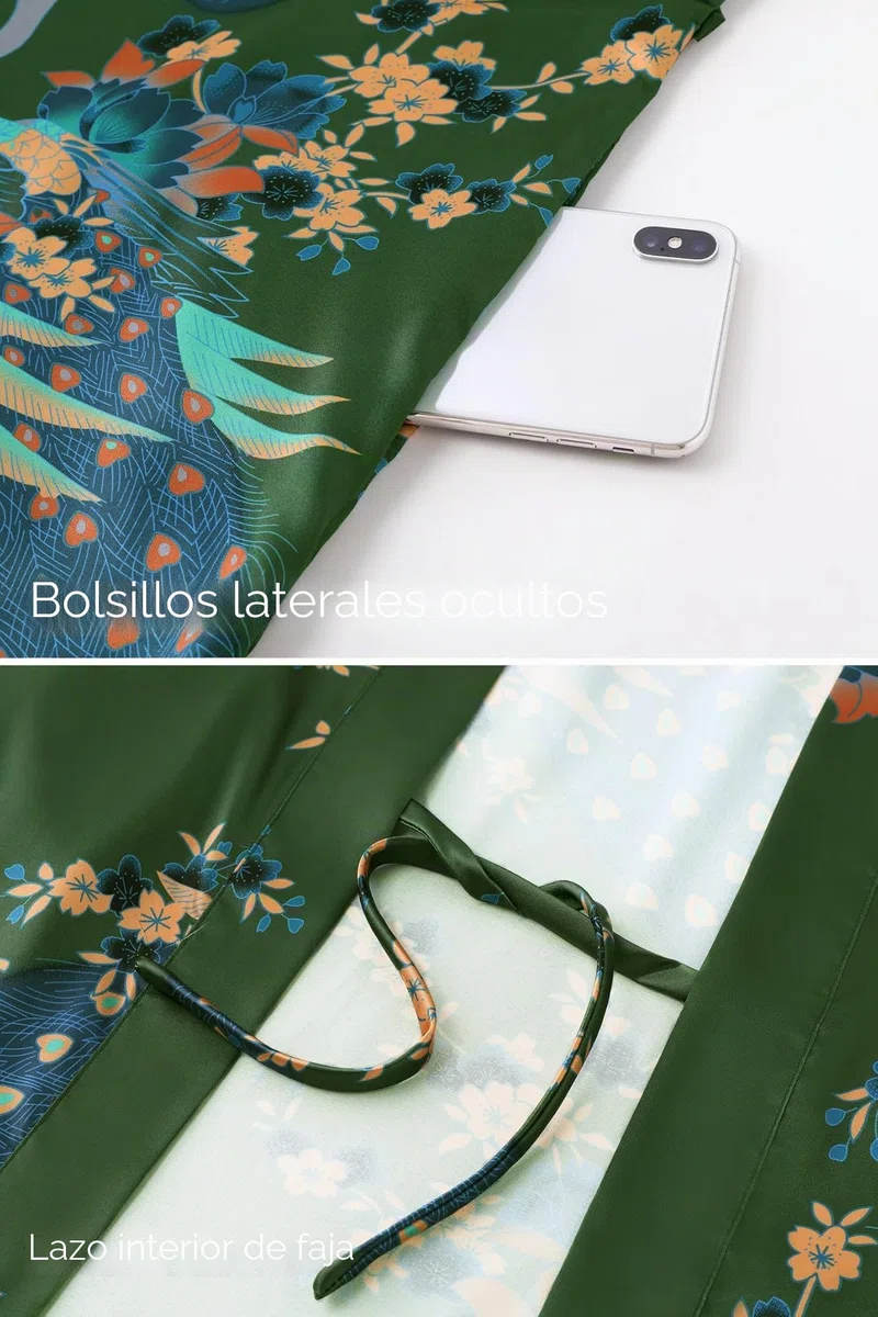 ArtiDeco Vestido Kimono Pijama de Seda Novia Kimono de Seda Ropa de Dormir de Satén Estampado Pavo Real