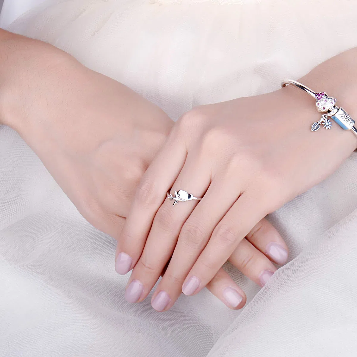 JewelryPalace Anillo Ajustable Mujer Plata Oro 14k Oro Rosa, Anillo Abierto de Avión y Nube, Anillos Niña de Moda Joyería Personalizada, Anillo de Plata Liso, Joyas de Mujer