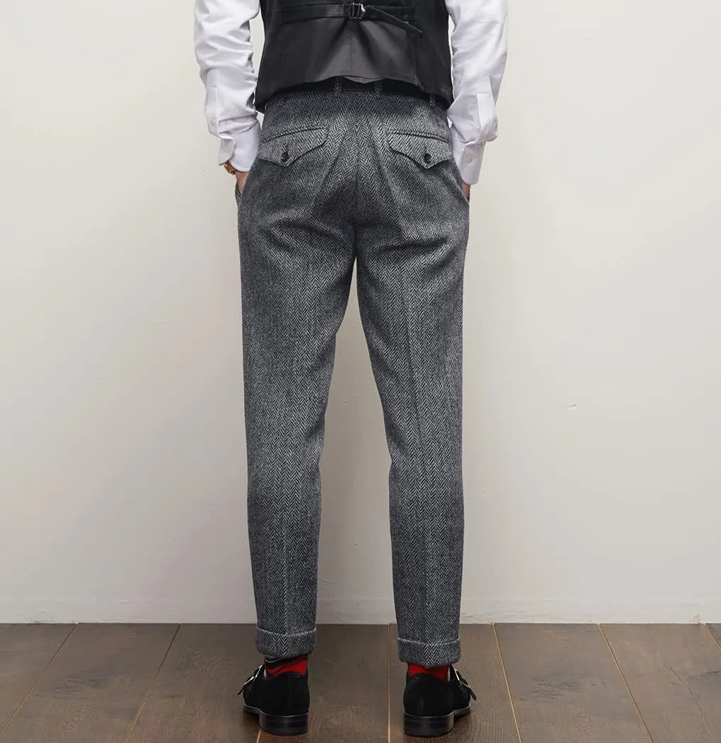 Pantalones de traje de vestir retro para hombre, pantalones de lana de tweed con frente plano en espiga