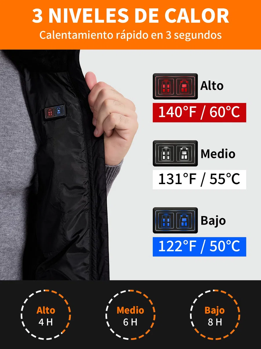 Chaleco Calefactable Hombre Mujer 7.4V 18400mAh 10 Zonas de Calor 3 Niveles Ajustables