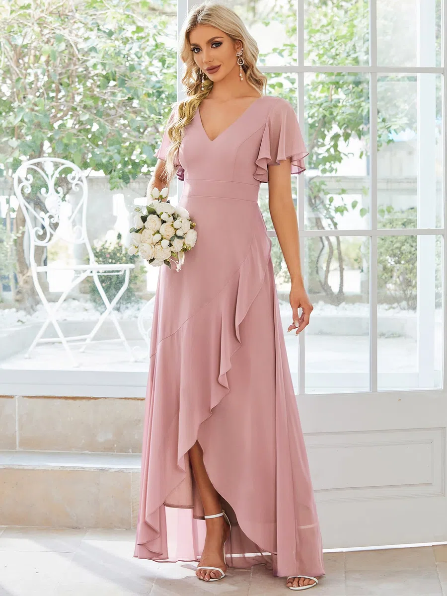 Ever-Pretty Vestido de Fiesta Escote en V Manga Volantes A-línea sin Respaldo Alto Bajo Largo sin Elasticidad para Mujer Elegantes 01749