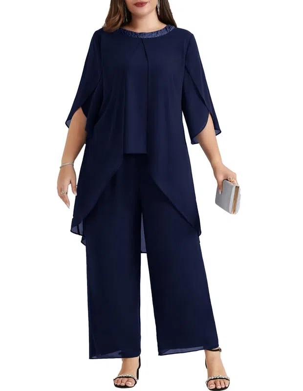 Hanna Nikole Traje de noche de gasa para mujer, tallas grandes, traje elegante de dos piezas, traje festivo para invitadas de boda, fiesta de cóctel, moda de noche, lentejuelas, cuello redondo y