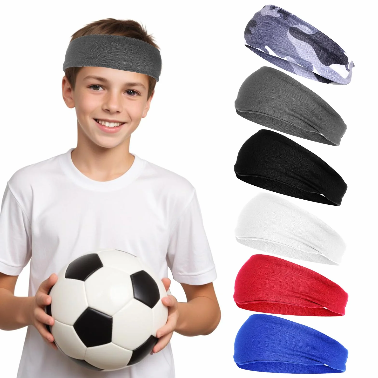 6 diademas deportivas para niños y niñas, absorbentes de fútbol, suaves que absorben la humedad, banda de sudor para baloncesto, tenis, béisbol, fútbol, correr, entrenamiento