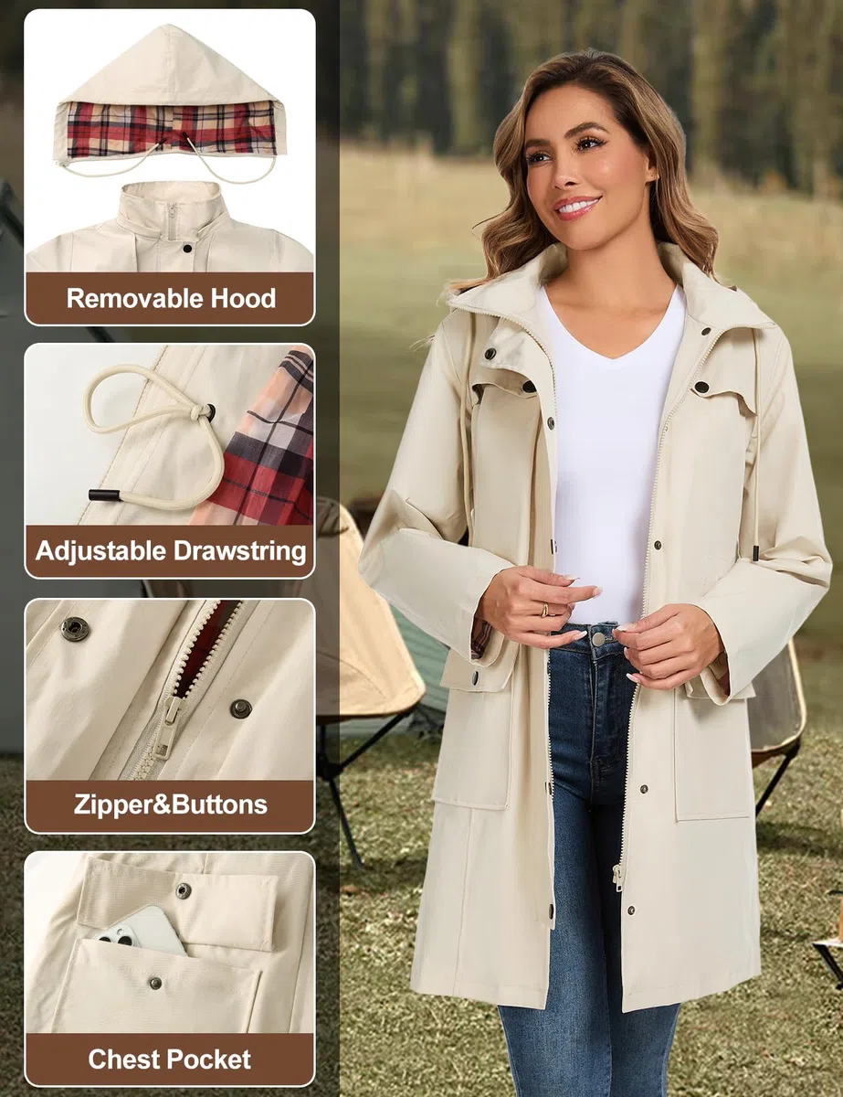 Tuopuda Chubasquero Mujer Impermeable Largo Chaqueta Ligera Parkas Cortaviento con Capucha Cremallera Softshelljakce Primavera Otoño Raincoat Abrigo para Exteriores Cercanías