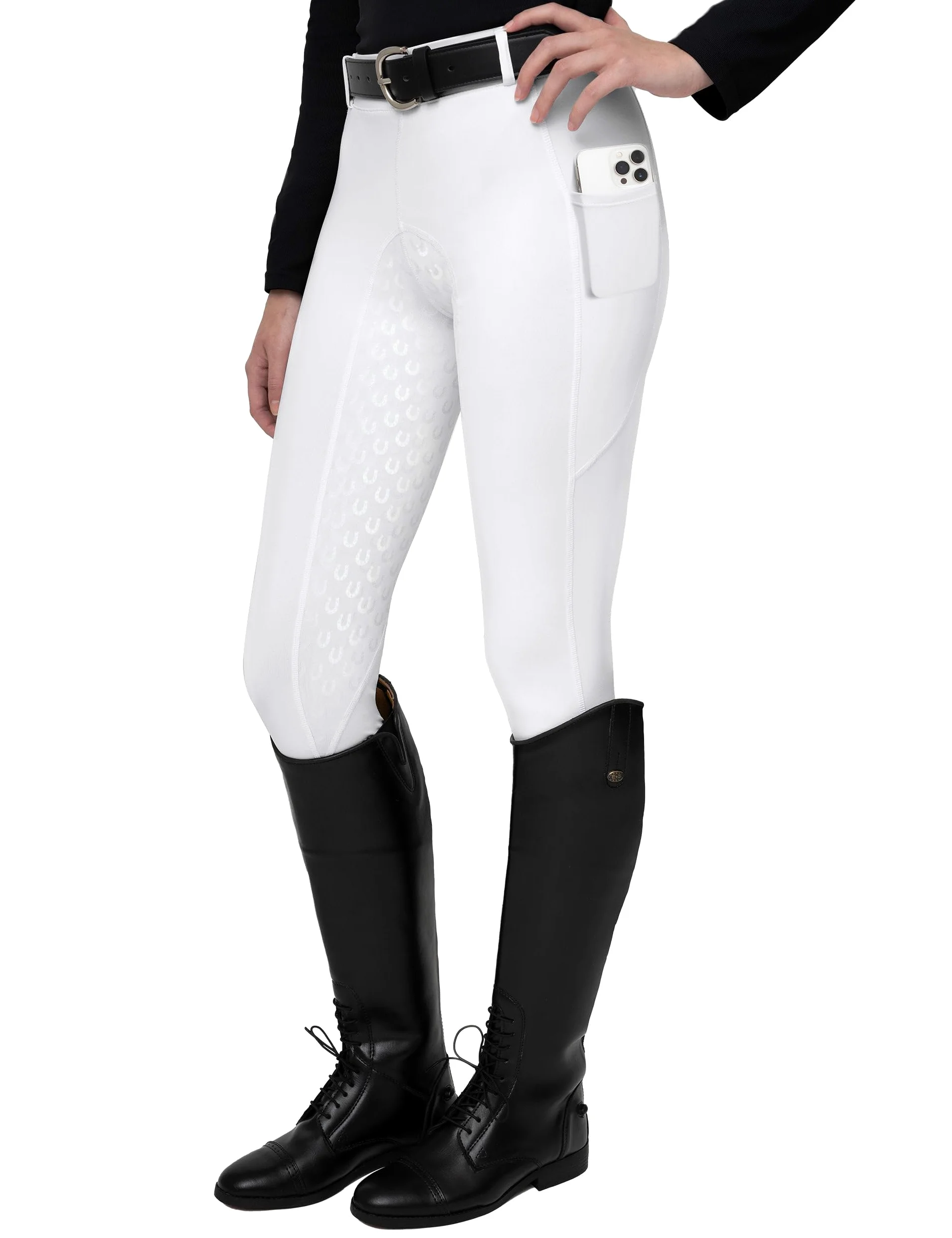 FitsT4 Sports Pantalones de Montar para Mujer Pantalones de Montar con Refuerzo Completo de Silicona, Bolsillo para el móvil y Trabillas para el cinturón